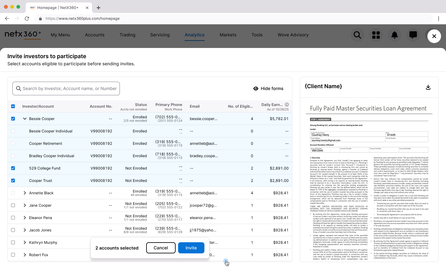 Invite worksheet with accounts selected and form preview