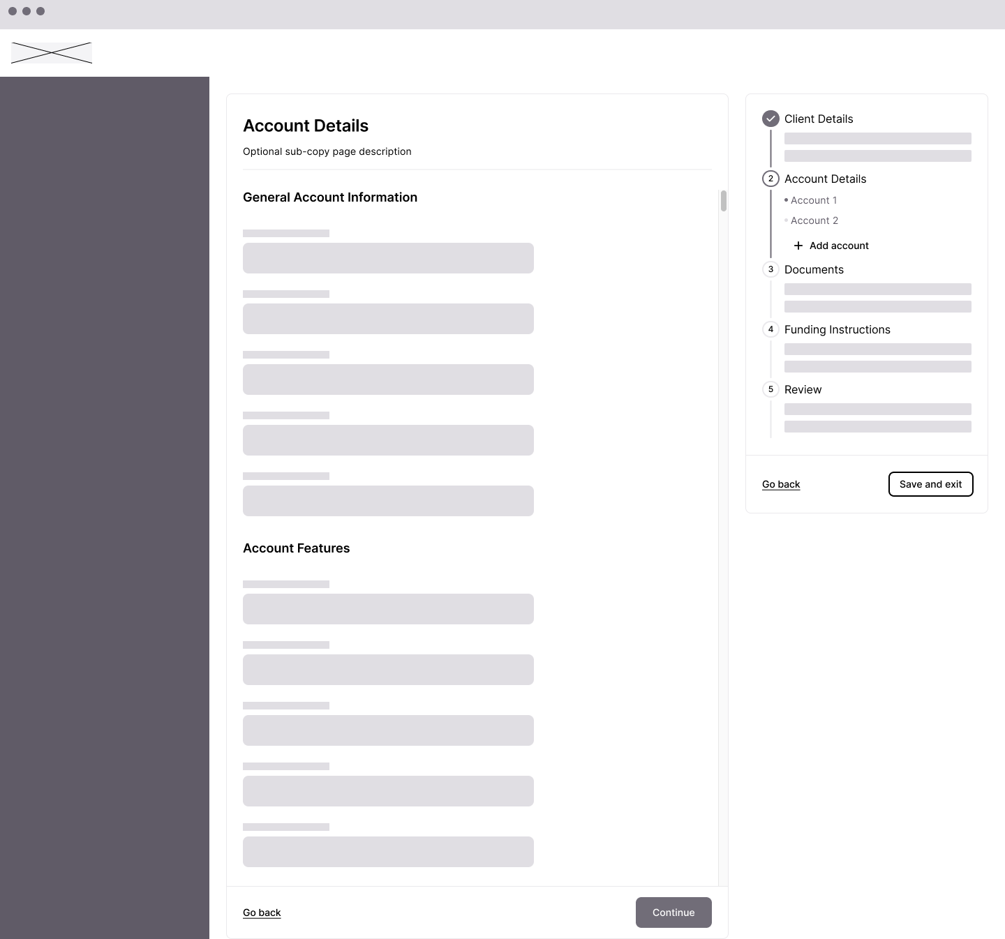 Sidebar stepper wireframe approach showing traditional step-by-step linear navigation
